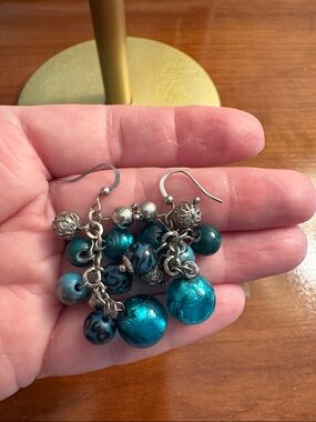 Silver-Tone Teal Beaded Dangle Earrings - Unbranded